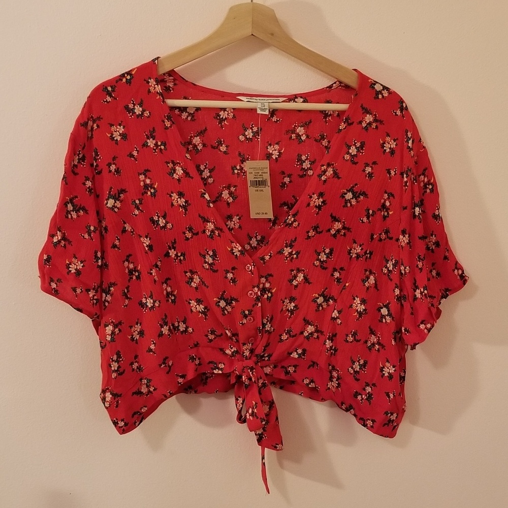 American Eagle Floral Print Tie Front Crop Top